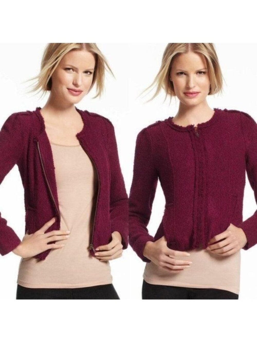 CAbi Women's Britt Boucle Tweed Jacket in Merlot - Sz 6
